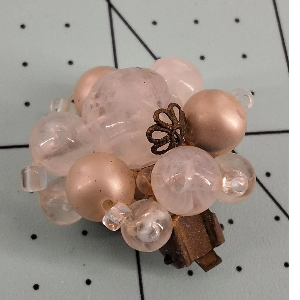 Vintage West Germany‎ Pink Swirl Lucite & Faux Pearl Cluster Clip-On Earrings